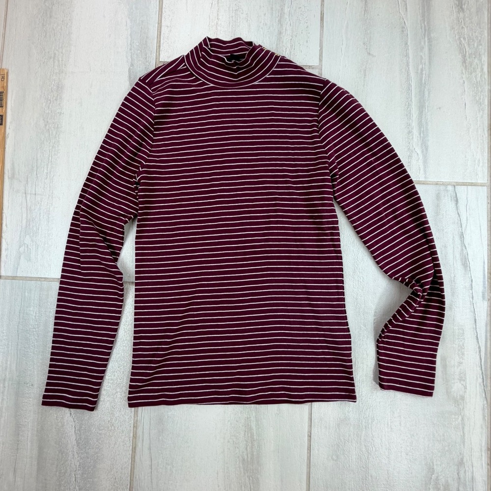 J.Crew Womens Mock Neck Striped Long Sleeve Top Burgundy Gold Button Small